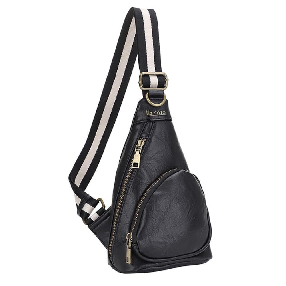1844 Lori Sling Bag - Chest Bag in Black Stripe, Vegan Leather Travel Sling